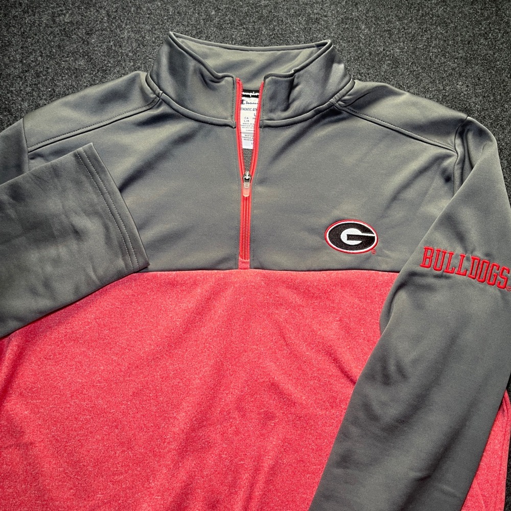 Champion Pullover Men L Gray Red Excellent Georgia Bulldogs Quarter Zip L UGA